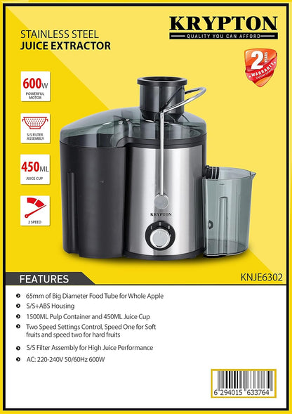 Krypton 450ml Capacity Powerful Motor 2 Speed Stainless Juice Extractor KNJE6302 Silver