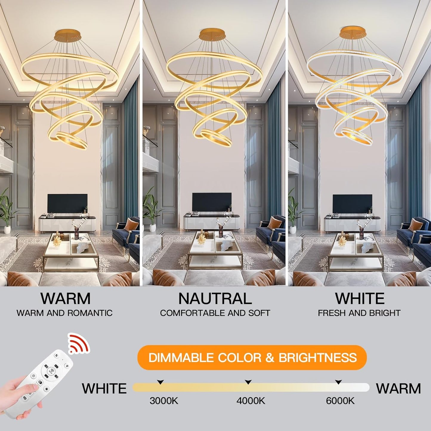 YATAI 5-Rings Luxury Dimmable Chandelier, Remote Control Modern LED Chandelier, 450W Adjustable Height and Ceiling Foyer Chandelier Light Fixtures for Dining Room, Entryway, Staircase and Hall