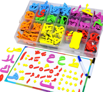 Preschool Learning - 375pcs Colorful Arabic Magnetic Alphabet Letters Puzzle - with 2 Markers and Eraser, 2 in 1 Learning Letters & Colours, Arabic Consonants, Educational, Learning Games