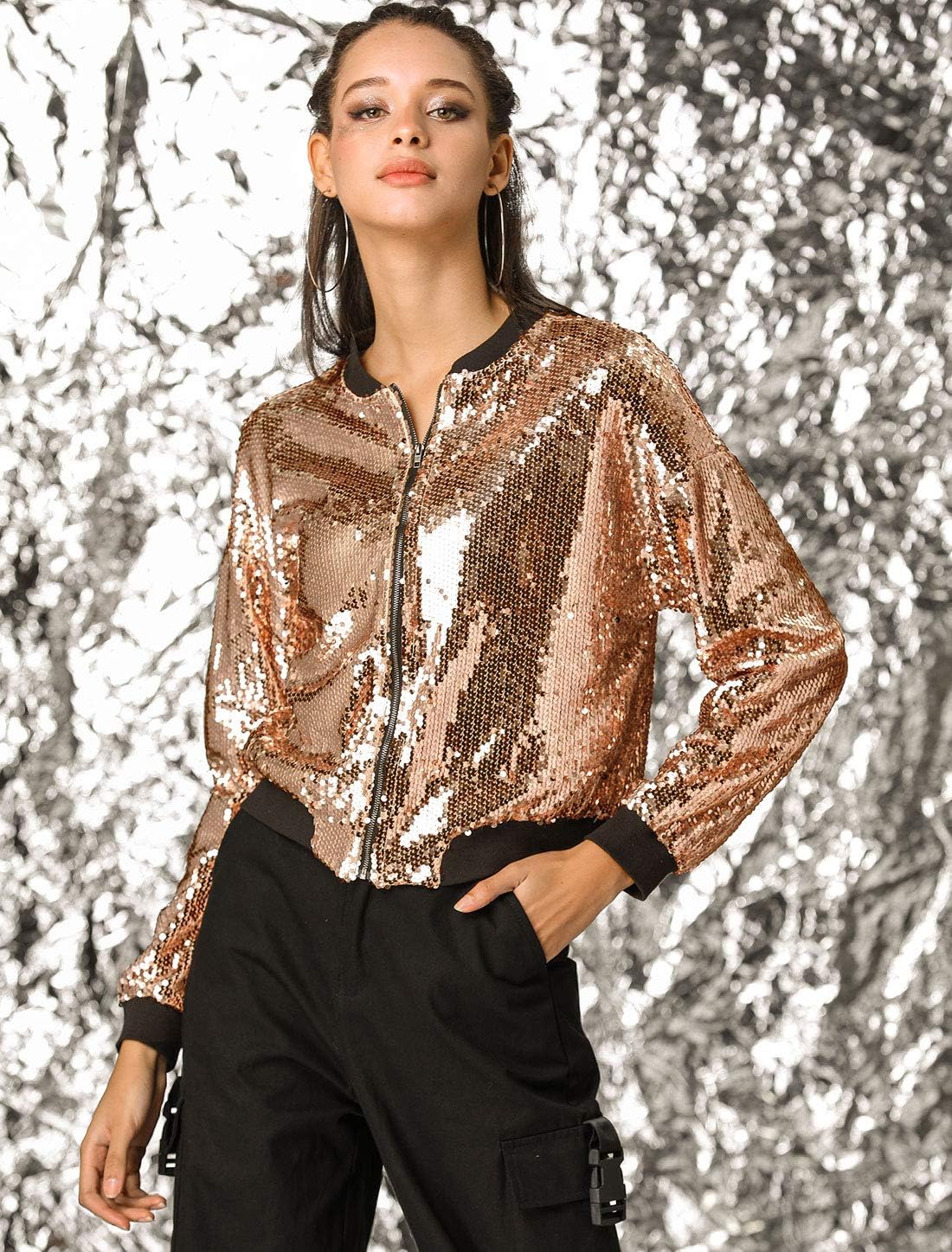 Allegra K Women's Halloween Sequin Sparkle Long Sleeve Zipper Bomber Jacket