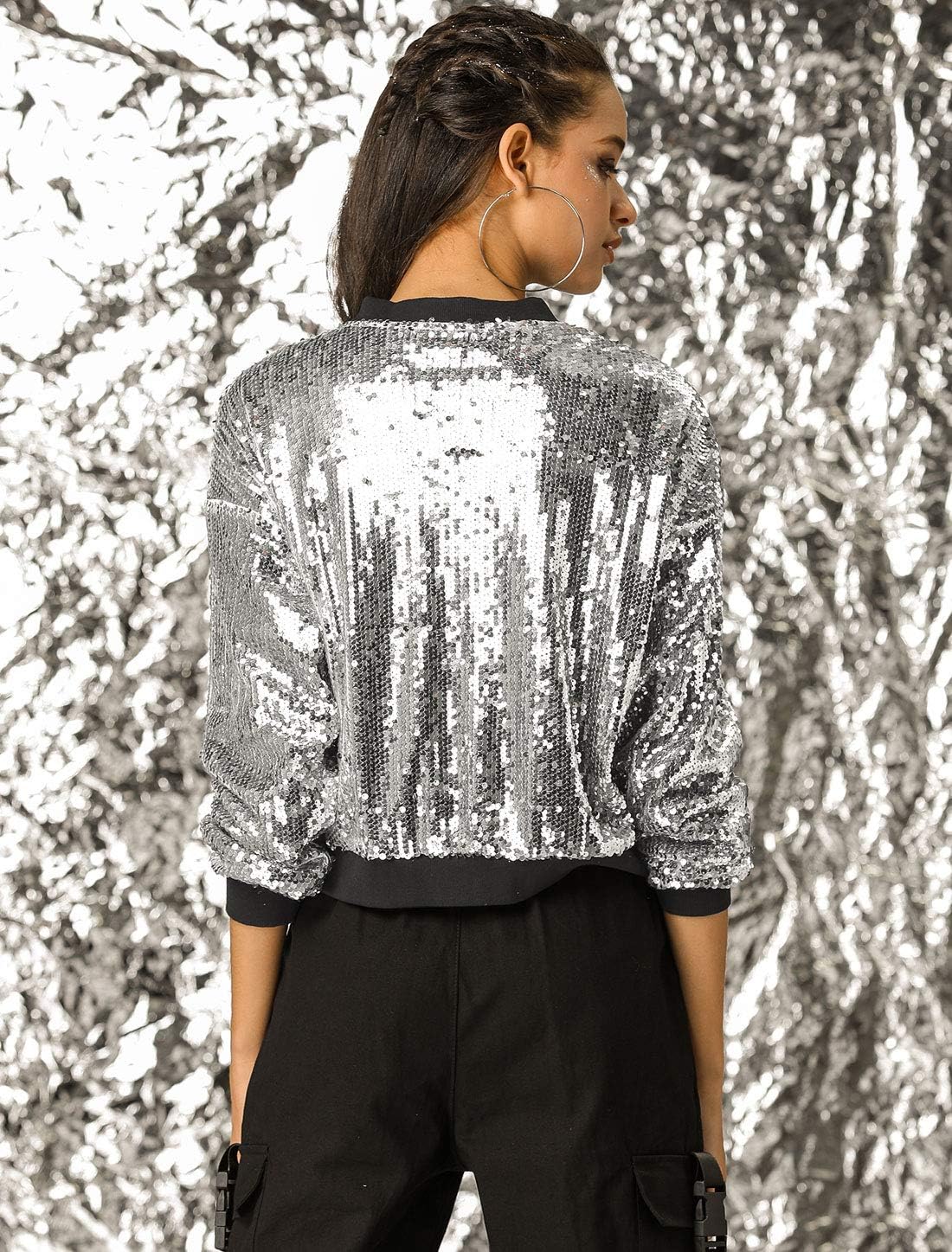 Allegra K Women's Halloween Sequin Sparkle Long Sleeve Zipper Bomber Jacket