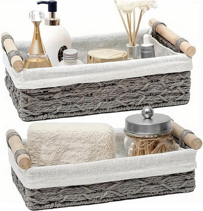 2-Pack Rectangle Woven Home Storage Baskets with Washable Liner, Paper Rope Storage Baskets Straw Rattan Basket for Organizing with Handle, Cosmetic Storage Box (Rectangle)