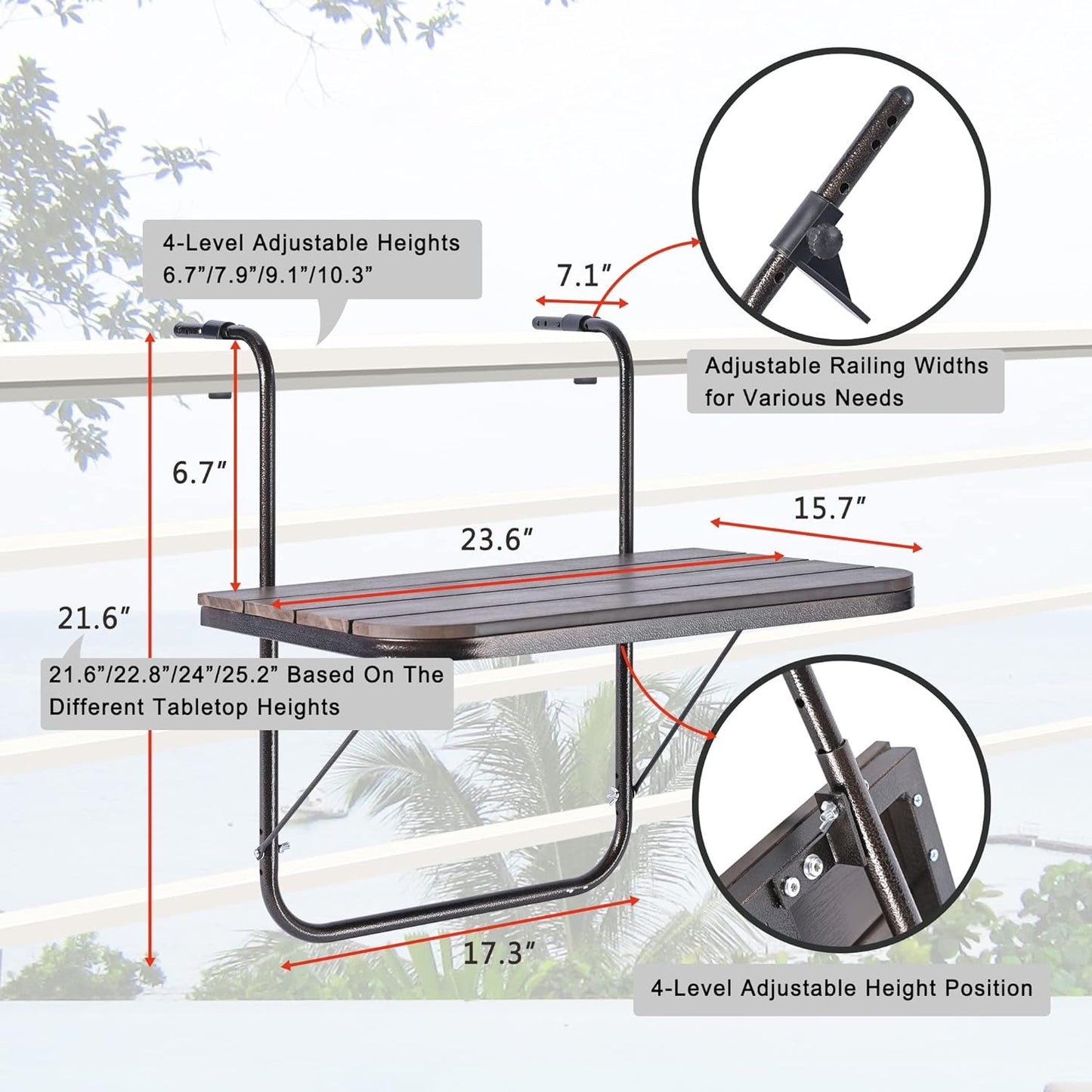 Balcony Railing Table Outdoor Hanging Folding Balcony Bar Table for Railings Patio Hanging Table on Railing Aluminium Metal Side Table Folding Adjustable 23.6"(L) x 15.7"(W) Brown