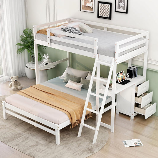 BIADNBZ Twin Over Full Bunk Bed with Built-in Desk and Three Drawers, Wooden Separated High Loftbed and Platform Bedframe, for Kids Teens Adults Bedroom, White