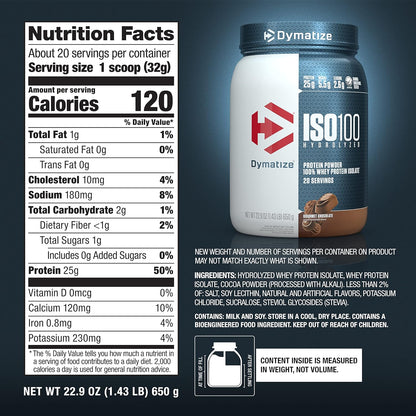 Dymatize ISO100 Hydrolyzed 100% Whey Isolate Protein Powder in Dunkin' Cappuccino Flavor, 25g Protein, 95mg Caffeine, 5.5g BCAAs, Gluten Free, Fast Absorbing, Easy Digesting, 21.5 Oz