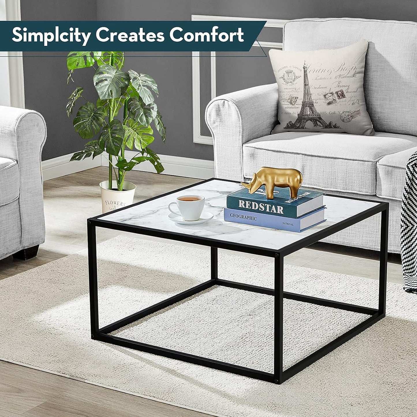 SAYGOER Glass Coffee Table, Small Modern Coffee Table Square Simple Center Tables for Living Room 26.7 x 26.7 x 15.7 Inches, Gray Black