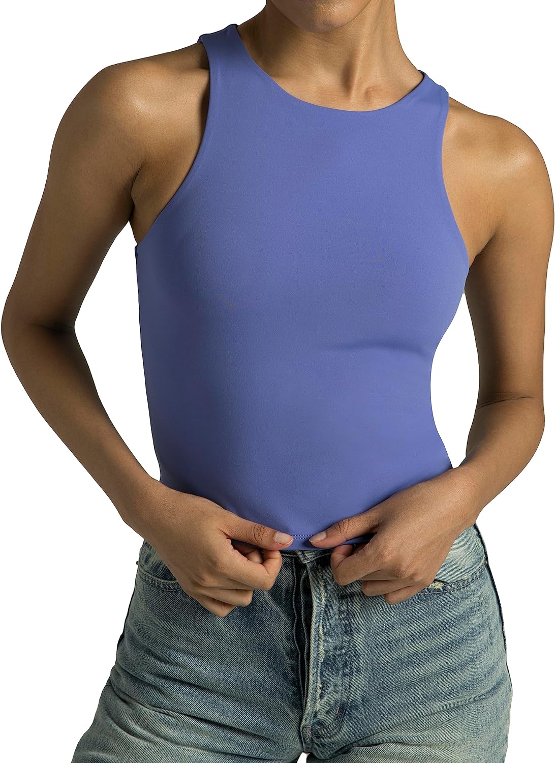 Colorfulkoala Women's High Neck Tank Tops Body Contour Sleeveless Crop Double Lined Yoga Shirts