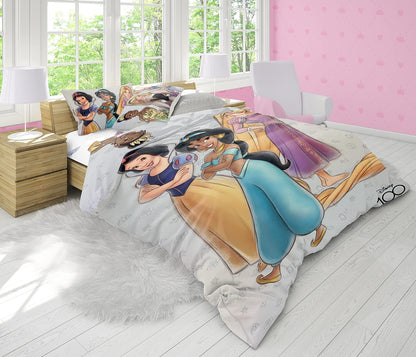 Trucare FZC Disney Princess 3 Pcs Kids Bedding Set - Super Soft & Fade Resistant - Includes Reversible Comforter, Pillow Sheet, Bed Sheet, & Cushion - Celebrate Disney 100th Anniversary in Style