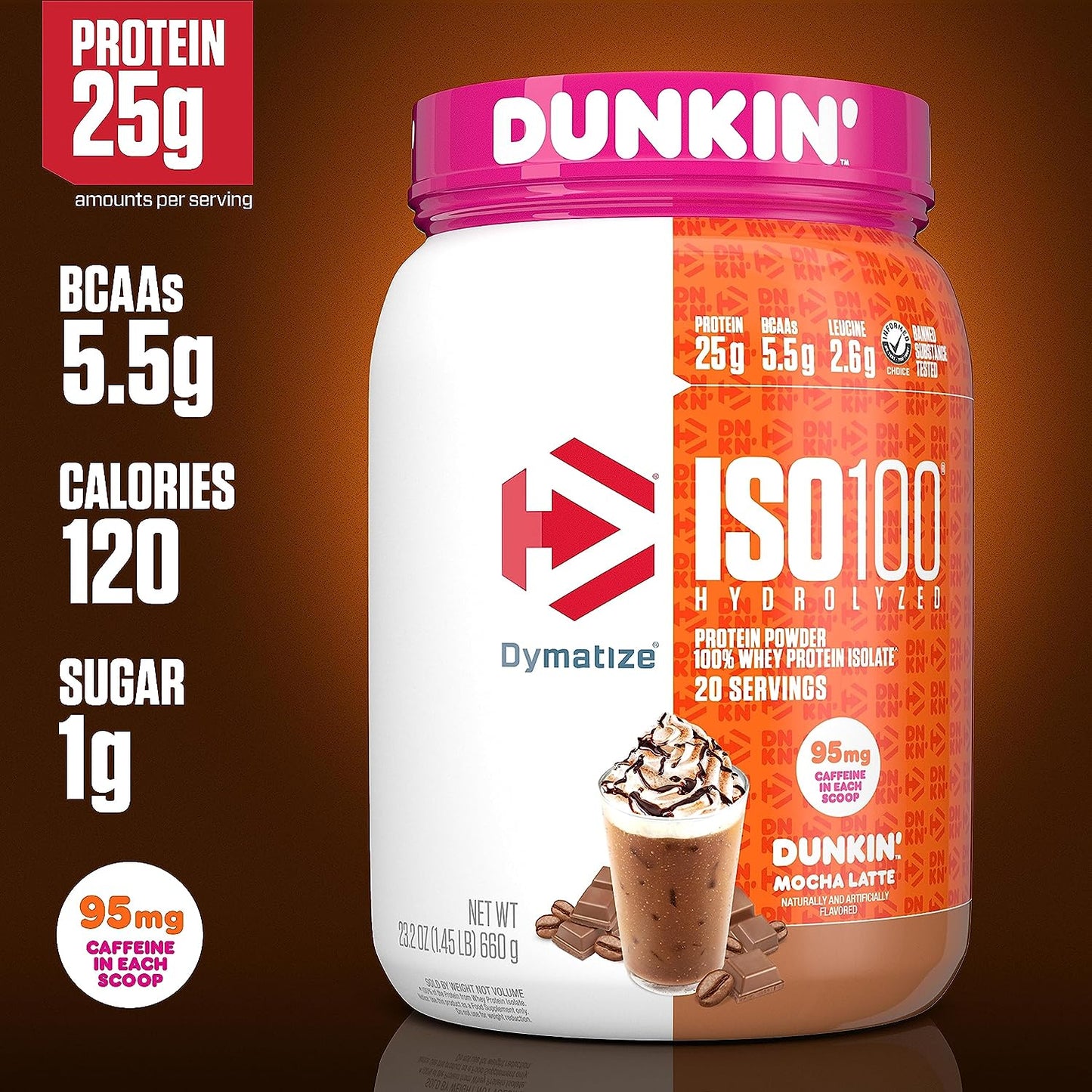 Dymatize ISO100 Hydrolyzed 100% Whey Isolate Protein Powder in Dunkin' Cappuccino Flavor, 25g Protein, 95mg Caffeine, 5.5g BCAAs, Gluten Free, Fast Absorbing, Easy Digesting, 21.5 Oz