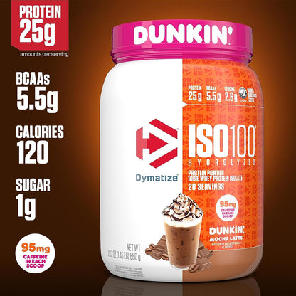 Dymatize ISO100 Hydrolyzed 100% Whey Isolate Protein Powder in Dunkin' Cappuccino Flavor, 25g Protein, 95mg Caffeine, 5.5g BCAAs, Gluten Free, Fast Absorbing, Easy Digesting, 21.5 Oz