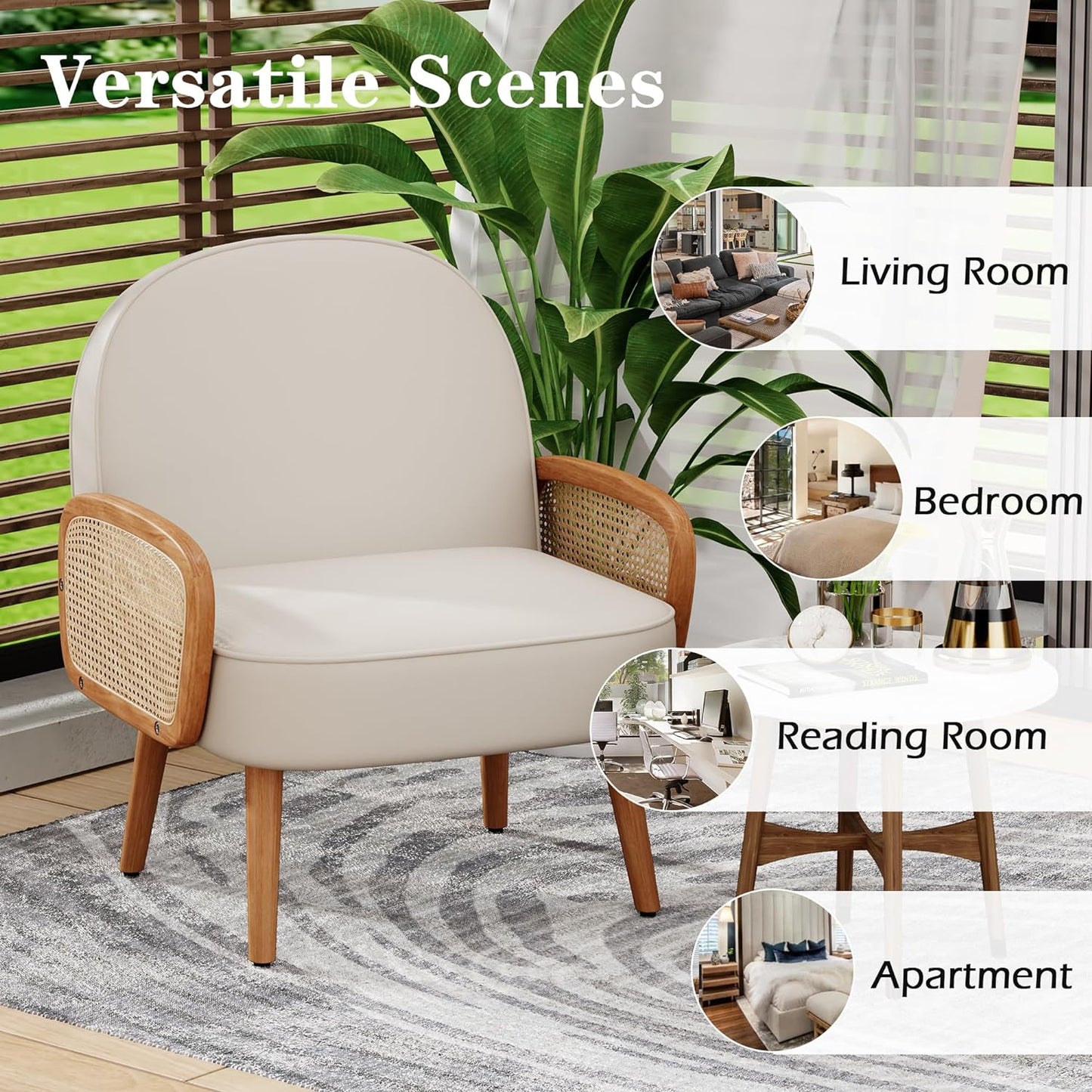 SHINEBOOM Accent Chairs Rattan Comfy Upholstered Modern Arm Chair for Living Room Reading Bedroom Balcony Faux Leather Chair, Beige