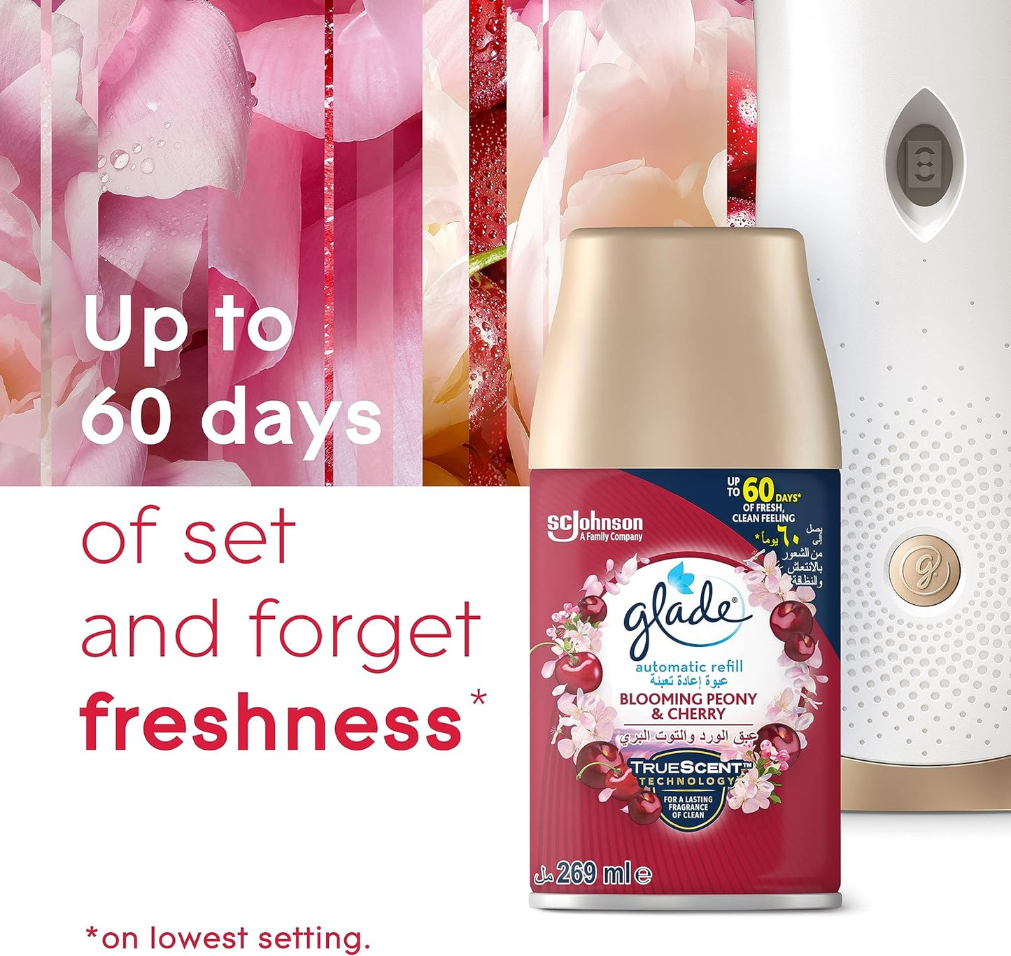 Glade Automatic Spray Holder With Blooming Peony & Cherry Air Freshener For Up To 60 Days Of Automatic Freshness, 269ml