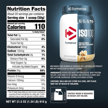 Dymatize ISO100 Hydrolyzed 100% Whey Isolate Protein Powder in Dunkin' Cappuccino Flavor, 25g Protein, 95mg Caffeine, 5.5g BCAAs, Gluten Free, Fast Absorbing, Easy Digesting, 21.5 Oz