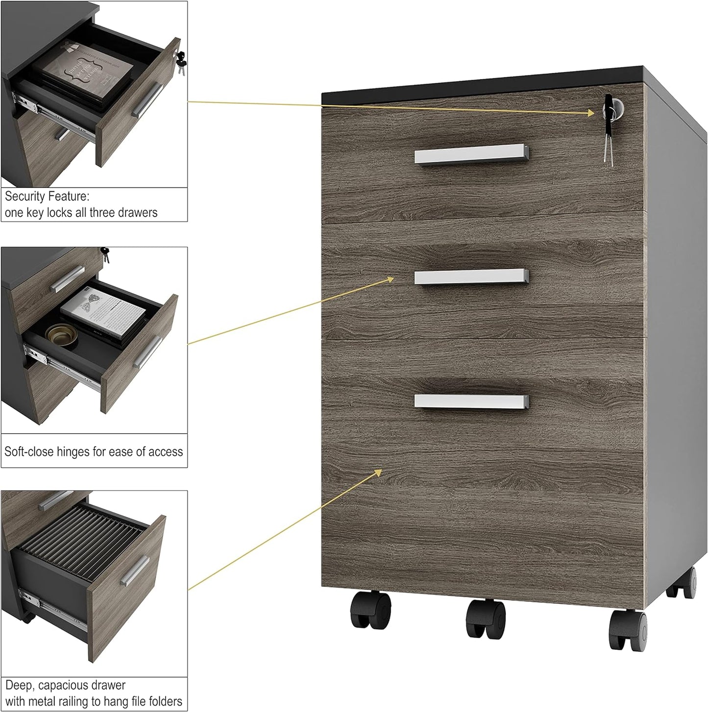 Lazio File Cabinet with Lock - Filing Cabinet for Home and Office - 3 Drawer File Cabinet with Wheels for A4 Sized Letters/Documents, Legal Sized Documents, Hanging File Folders (Cass Walnut/Black)