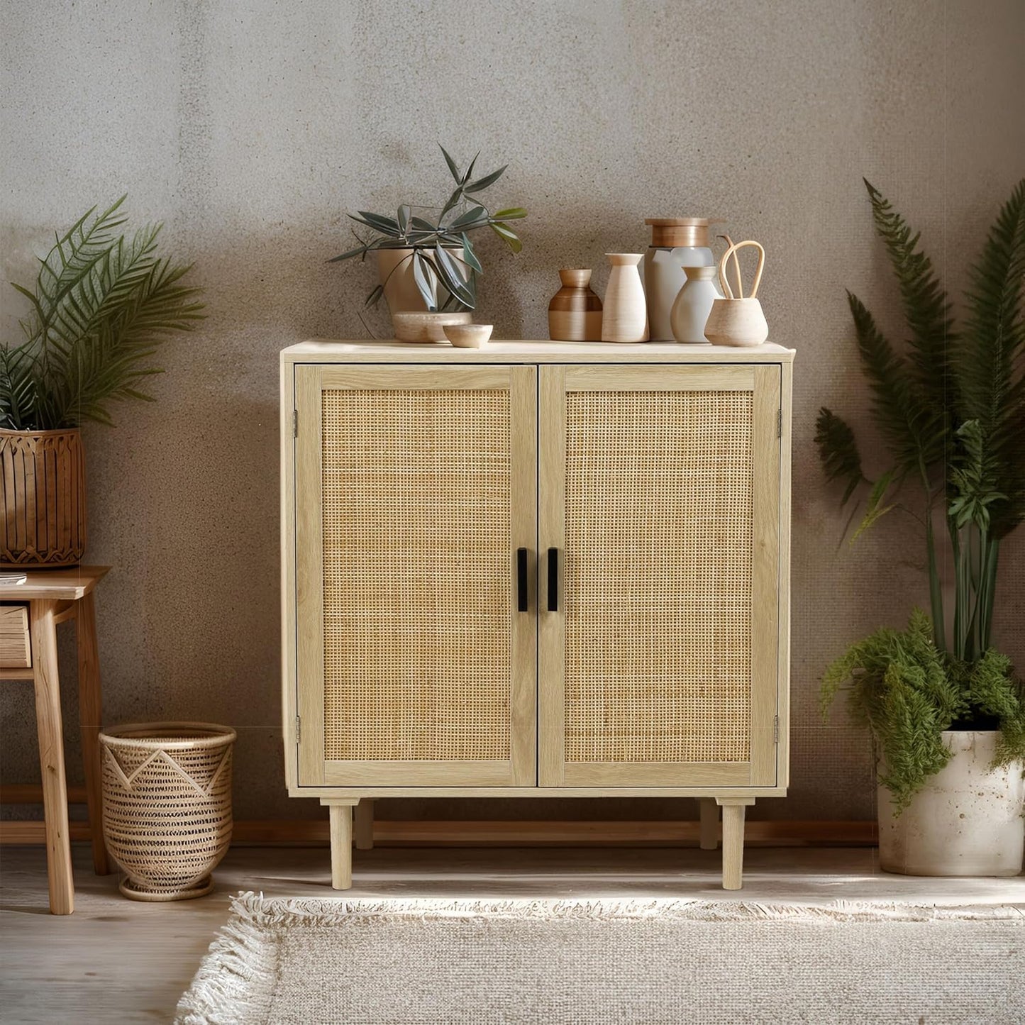 Finnhomy Sideboard Buffet Kitchen Storage Cabinet with Rattan Decorated Doors, Dining Room, Hallway, Cupboard Console Table, Liquor / Accent Cabinet, 31.5X 15.8X 34.6 Inches, Natural