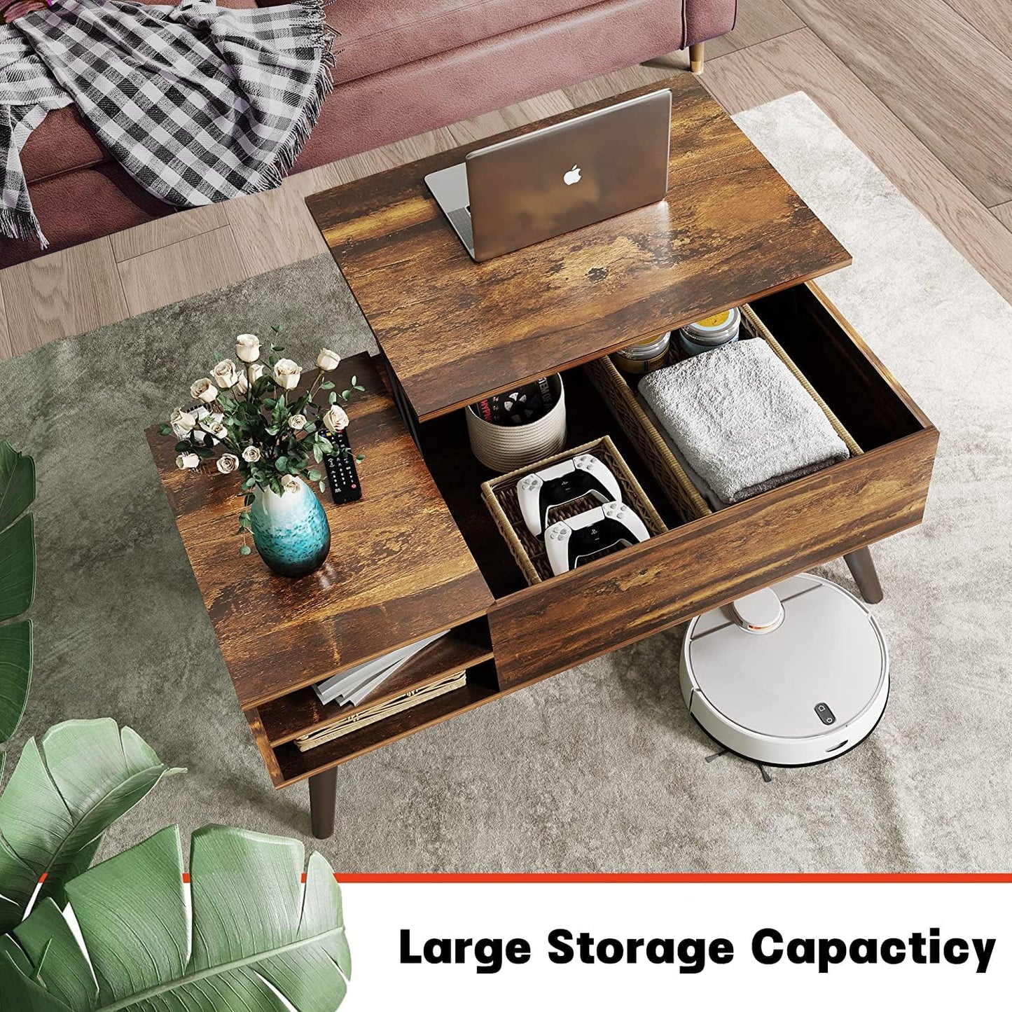 LENND Lift Top Coffee Table for Living Room,Small Coffee Table with Storage, Adjustable Shelf and Storage Compartment,Mid Century Modern Coffee Table,Wood,Rustic Brown, 100cm x 50cm x 41.5cm