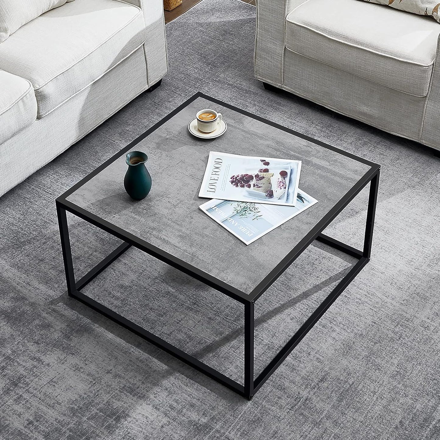 SAYGOER Glass Coffee Table, Small Modern Coffee Table Square Simple Center Tables for Living Room 26.7 x 26.7 x 15.7 Inches, Gray Black