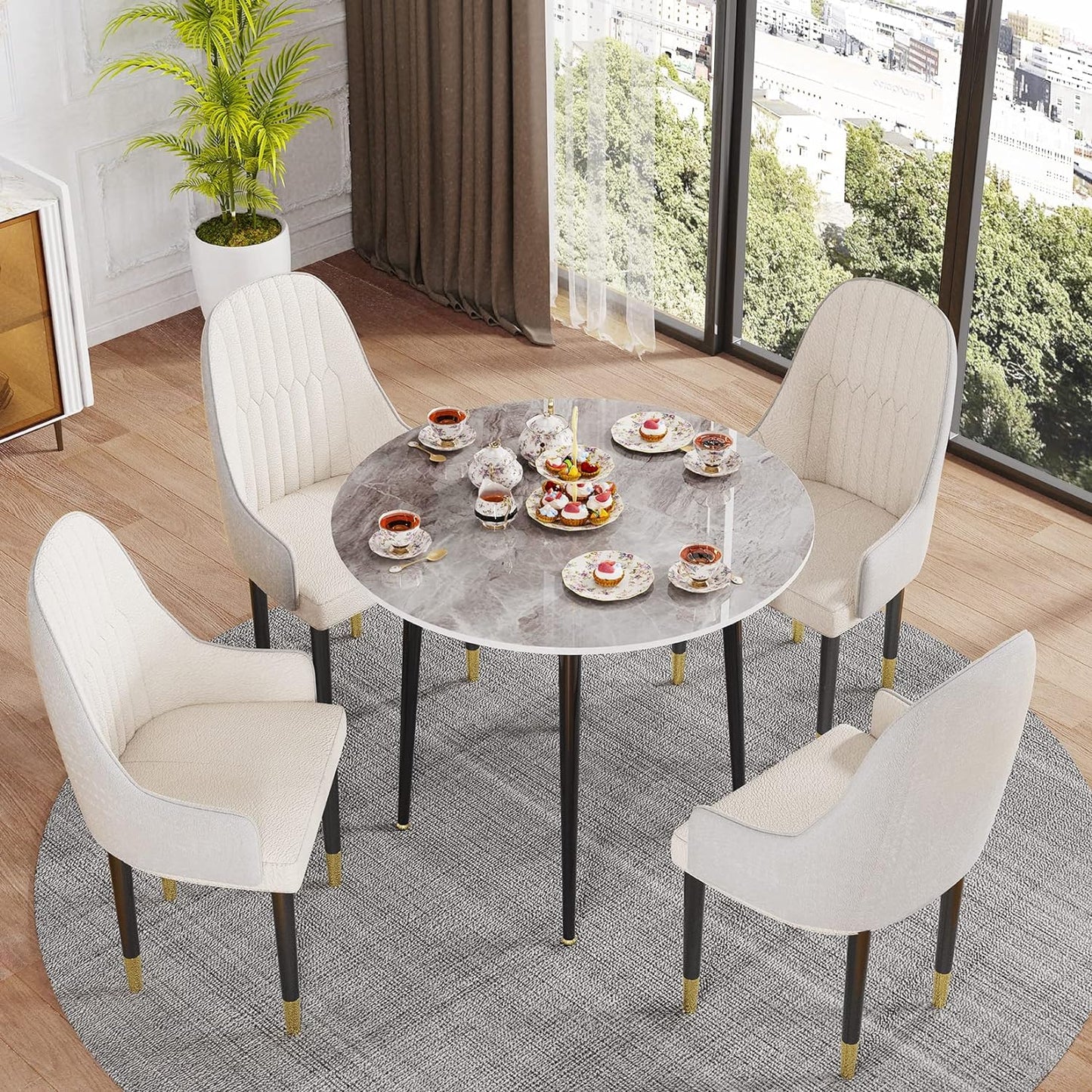 Kitchen Dining Table Round 80CM: Modern Sintered Stone Marble Effect Table Top with Tapered Metal Legs Breakfast Banquet Table for Dining Room, Restaurant, Living Room Furniture, 76cm Height, Grey