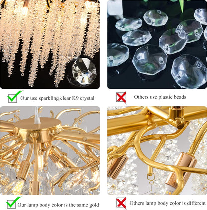 Puvaue Modern Crystal Tree Branches Chandeliers Gold Luxury Round Raindrop Pendant Light Fixture 9 Light Tassel Ceiling Hanging Light for Dining Room Bedroom Living Room Entryway 23.7"