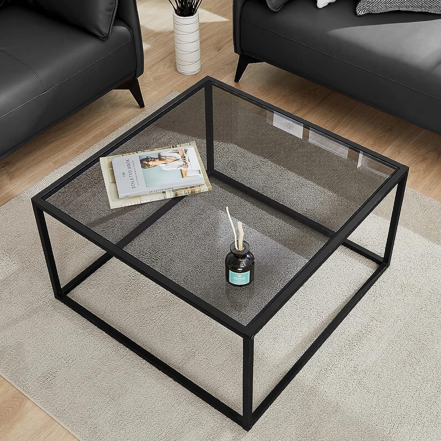 SAYGOER Glass Coffee Table, Small Modern Coffee Table Square Simple Center Tables for Living Room 26.7 x 26.7 x 15.7 Inches, Gray Black