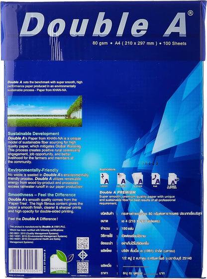 Double A - Printer Copy Paper, Size A4, GSM 80, 100 Pages Ream