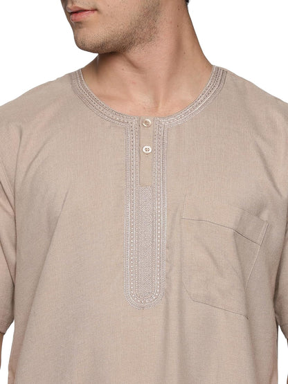 Men's Round Neck Short Sleeves Jalabiya | Breathable Kaftan Style Thobe for Comfort & Elegance