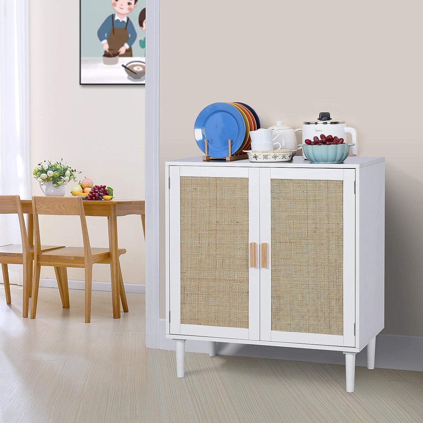 Finnhomy Sideboard Buffet Kitchen Storage Cabinet with Rattan Decorated Doors, Dining Room, Hallway, Cupboard Console Table, Liquor / Accent Cabinet, 31.5X 15.8X 34.6 Inches, Natural