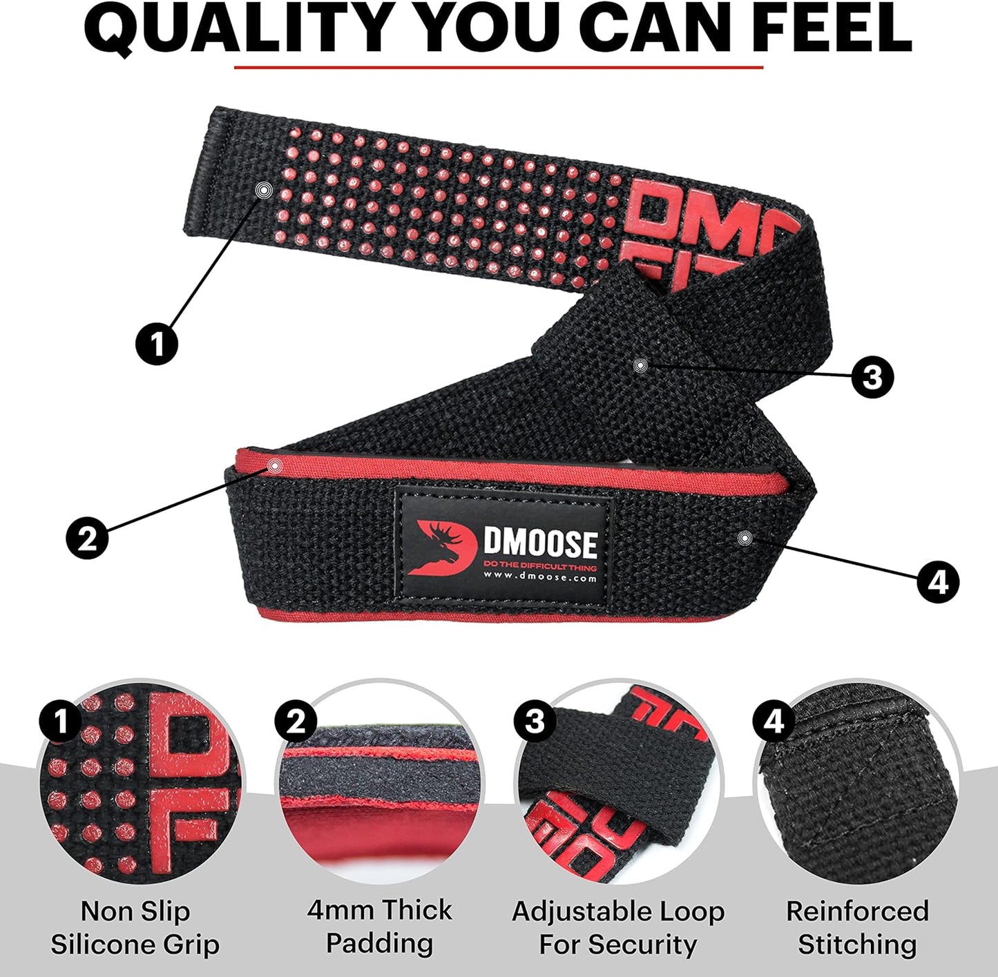 DMoose lifting straps for weight lifting, Crossfit, Bodybuilding, Powerlifting and deadlifting. Soft Neoprene Padded-24” Wrist Straps (Pair), Support Max Grip Strength Training and Barbell Stability