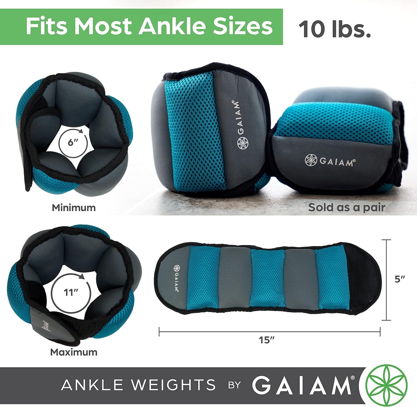 Gaiam Ankle Weights Strength Training Weight Sets For Women & Men With Adjustable Straps - Walking, Running, Pilates, Yoga, Dance, Aerobics, Cardio Exercises (5lb & 10 Pound Sets)