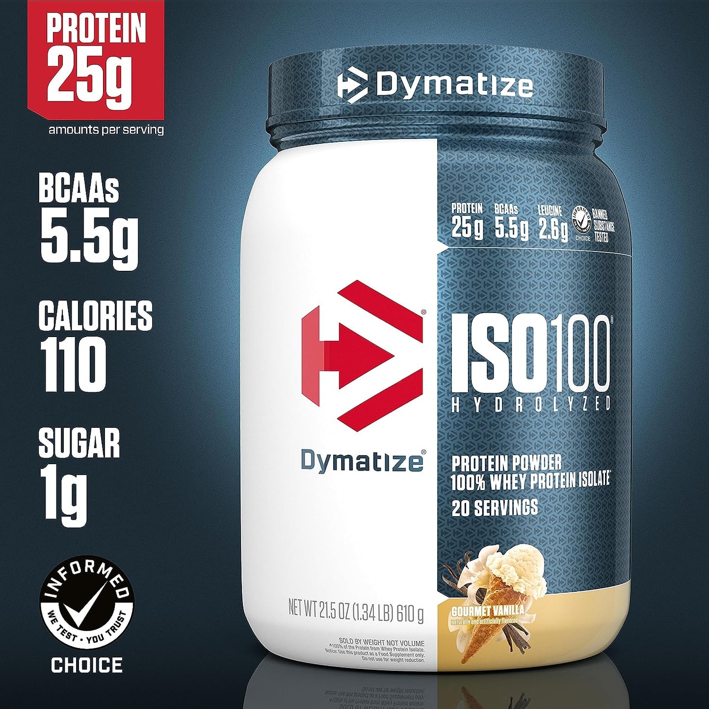 Dymatize ISO100 Hydrolyzed 100% Whey Isolate Protein Powder in Dunkin' Cappuccino Flavor, 25g Protein, 95mg Caffeine, 5.5g BCAAs, Gluten Free, Fast Absorbing, Easy Digesting, 21.5 Oz