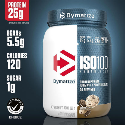 Dymatize ISO100 Hydrolyzed 100% Whey Isolate Protein Powder in Dunkin' Cappuccino Flavor, 25g Protein, 95mg Caffeine, 5.5g BCAAs, Gluten Free, Fast Absorbing, Easy Digesting, 21.5 Oz