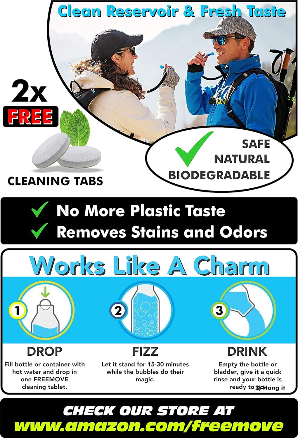 FREEMOVE 2L Hydration Bladder with Cleaning Kit or 3L Water Bladder >Blue or Green< Leak Proof Hydration Pack, Tasteless & BPA Free, TPU Water Reservoir, Quick Release Insulated Tube & Shutoff Valve