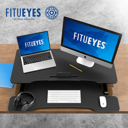 FITUEYES Height Adjustable Standing Desk 36â€ Wide Sit to Stand Converter Stand Up Desk Tabletop Workstation for Laptops Dual Monitor Riser Black SD309101WB