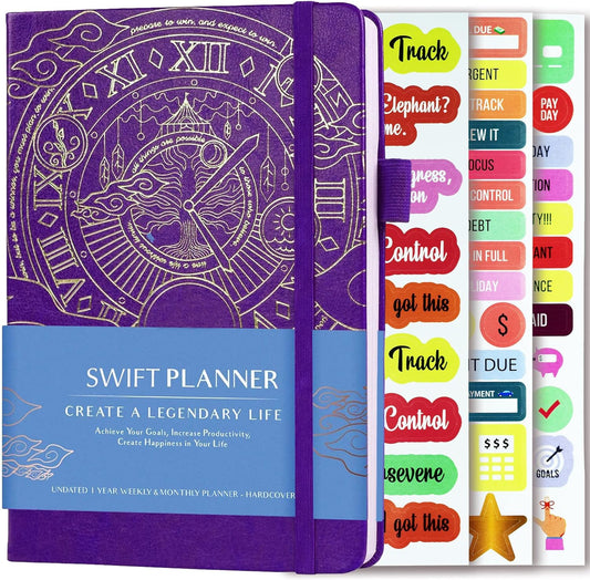 Swift Planner - Deluxe Weekly & Monthly Life Planner to Hit Your Goals & Live Happier. Organizer Notebook & Productivity Journal. A5 Hardcover, Undated - Start Any Time - (Purple)