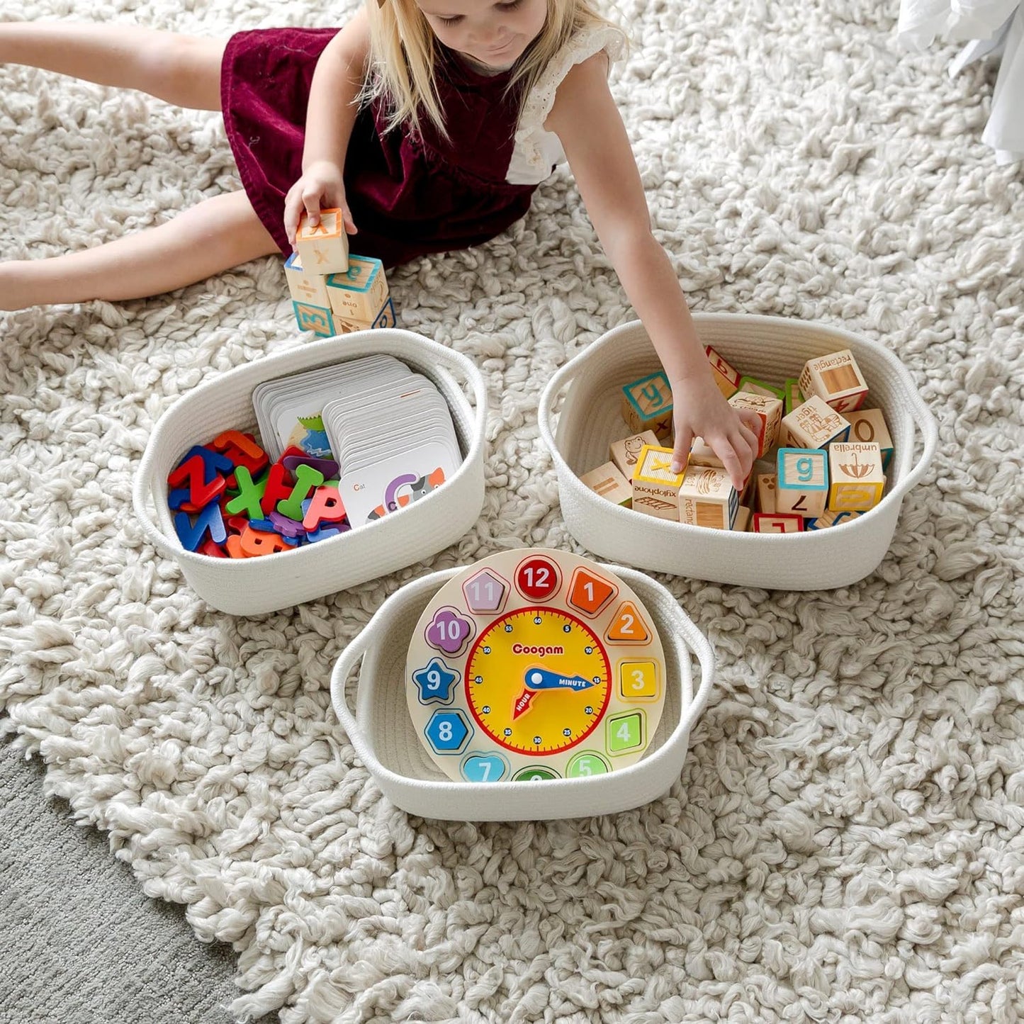 5IN1 Rectangle Storage Basket Set- Natural Cotton Rope Woven Baskets for Organizing! Small Basket for Montessori, Dog Toy Baskets, Cat Toy Box, Bathroom Organization Bin (White)