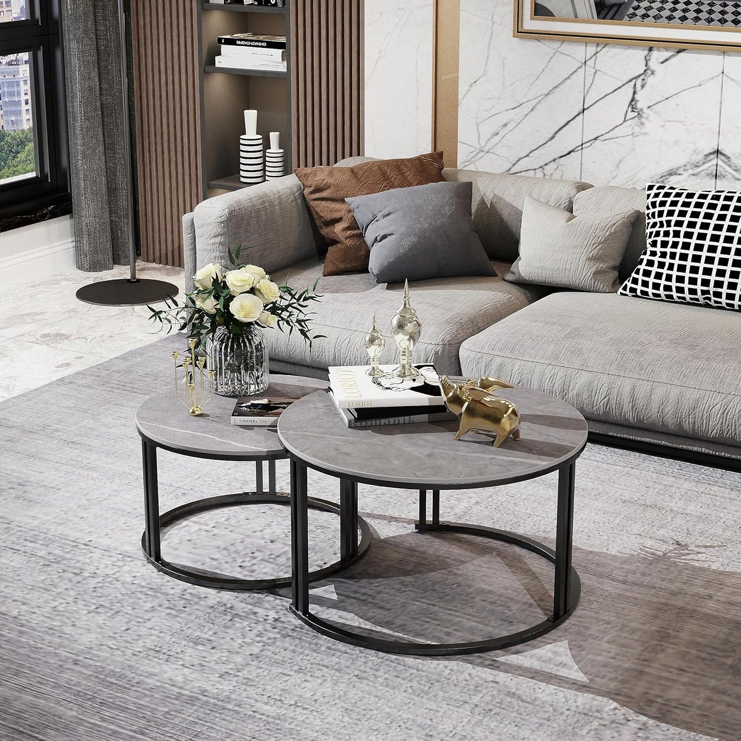 Wisfor Nesting Coffee Table Sintered Stone: Set of 2 Nest Glossy White Marble Round Tables Large 70x40cm / Small 57x35cm Industrial Style Large Circle Nested Center Sofa Living Room Decor