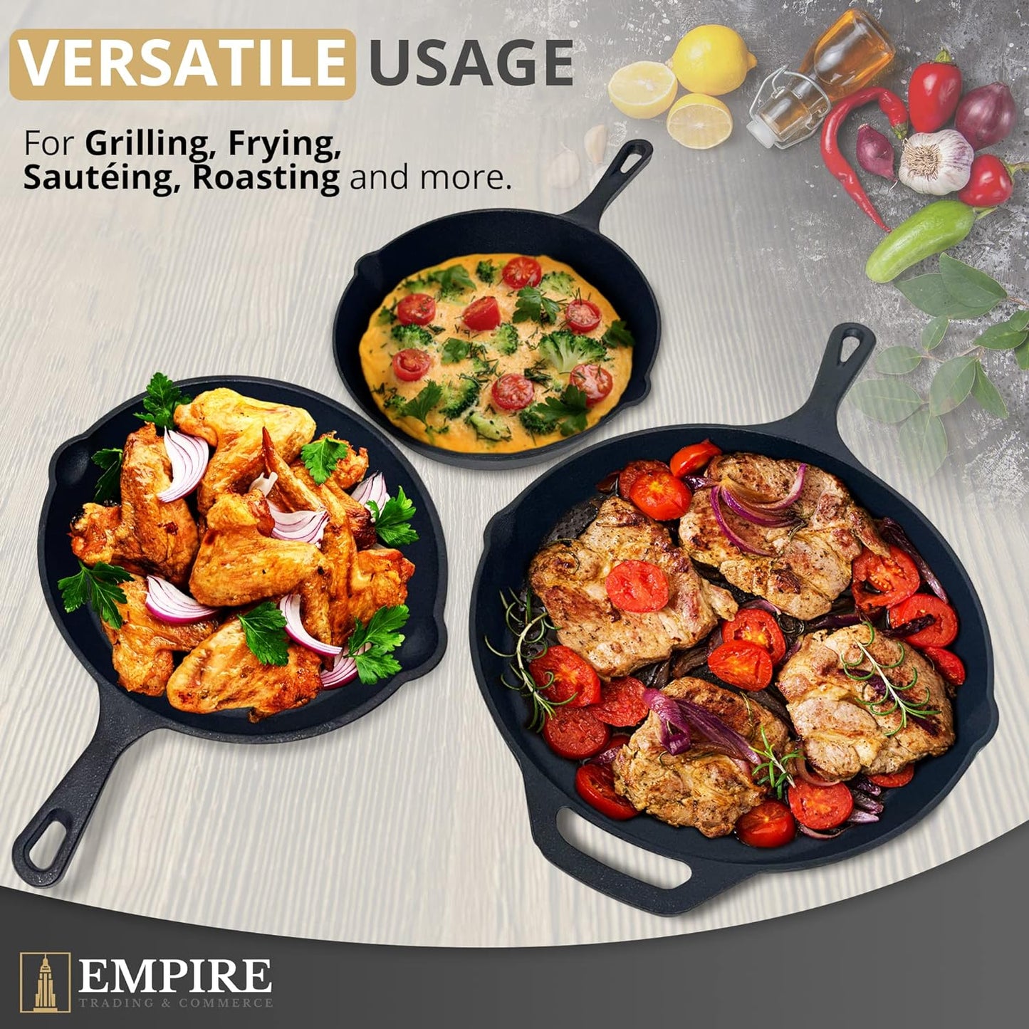 Empire Cast Iron Skillet Set of 3 pcs, Best Heavy-Duty Cast Iron Pan, Pre-Seasoned Non Stick Frying Pans- 11.8”, 10.2” & 7.8” with Silicone Handles, Oil Brush & Scrapper, Black Cast Iron Cookware