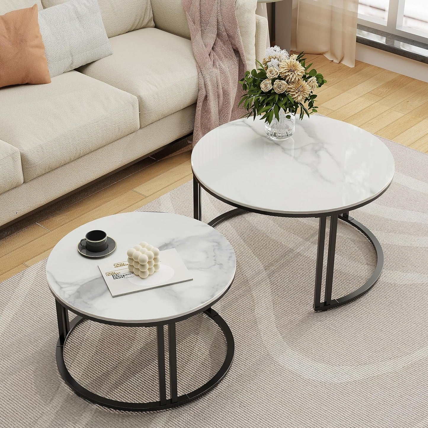 Wisfor Nesting Coffee Table Sintered Stone: Set of 2 Nest Glossy White Marble Round Tables Large 70x40cm / Small 57x35cm Industrial Style Large Circle Nested Center Sofa Living Room Decor