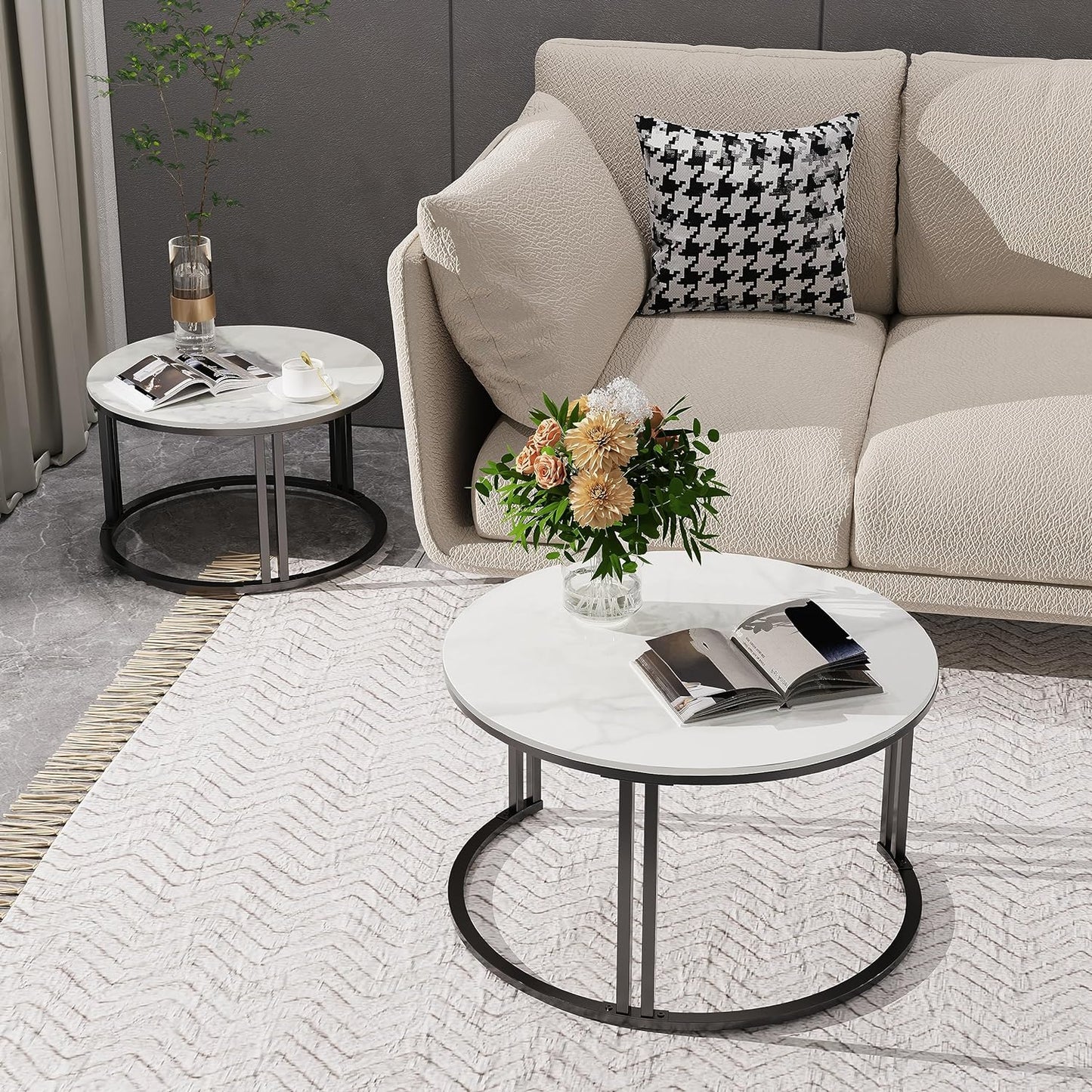 Wisfor Nesting Coffee Table Sintered Stone: Set of 2 Nest Glossy White Marble Round Tables Large 70x40cm / Small 57x35cm Industrial Style Large Circle Nested Center Sofa Living Room Decor