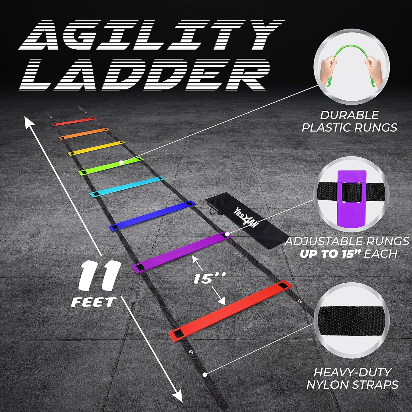 Yes4All Ultimate Agility Ladder Speed Training Equipment - 8, 12, 20 Rungs with Multi Colors - Soccer and Football Training - Speed Ladder for Kids and Adults - Included Carry Bag